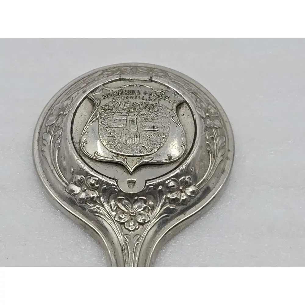 Vtg Bushkill Falls Handheld Mirror Silver Tone w/Small Hidden Back Compartment